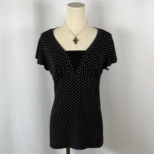 JKLA CALIFORNIA Black White Polka Dot V Neck Flutter Sleeve Top Womens M